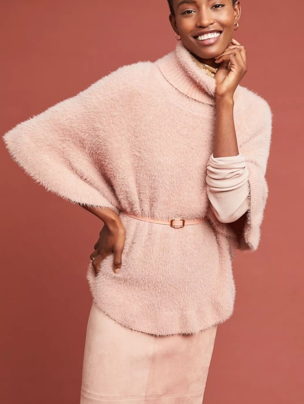 ANTHROPOLOGIE Blush Pink Falling Snow Soft Ruffled Pullover Poncho